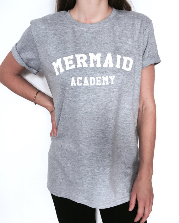 Tops Fashion Clothing Mermaid Academy Letter Print t shirt Women Crewneck Regular tees Casual tees tshirts - ZUNARIS