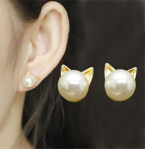 GOLD & PEARL STUD CAT EARRINGS - ZUNARIS
